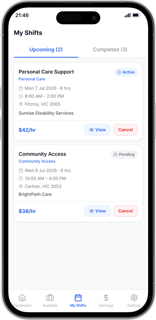 CarerMarket app showing upcoming shifts