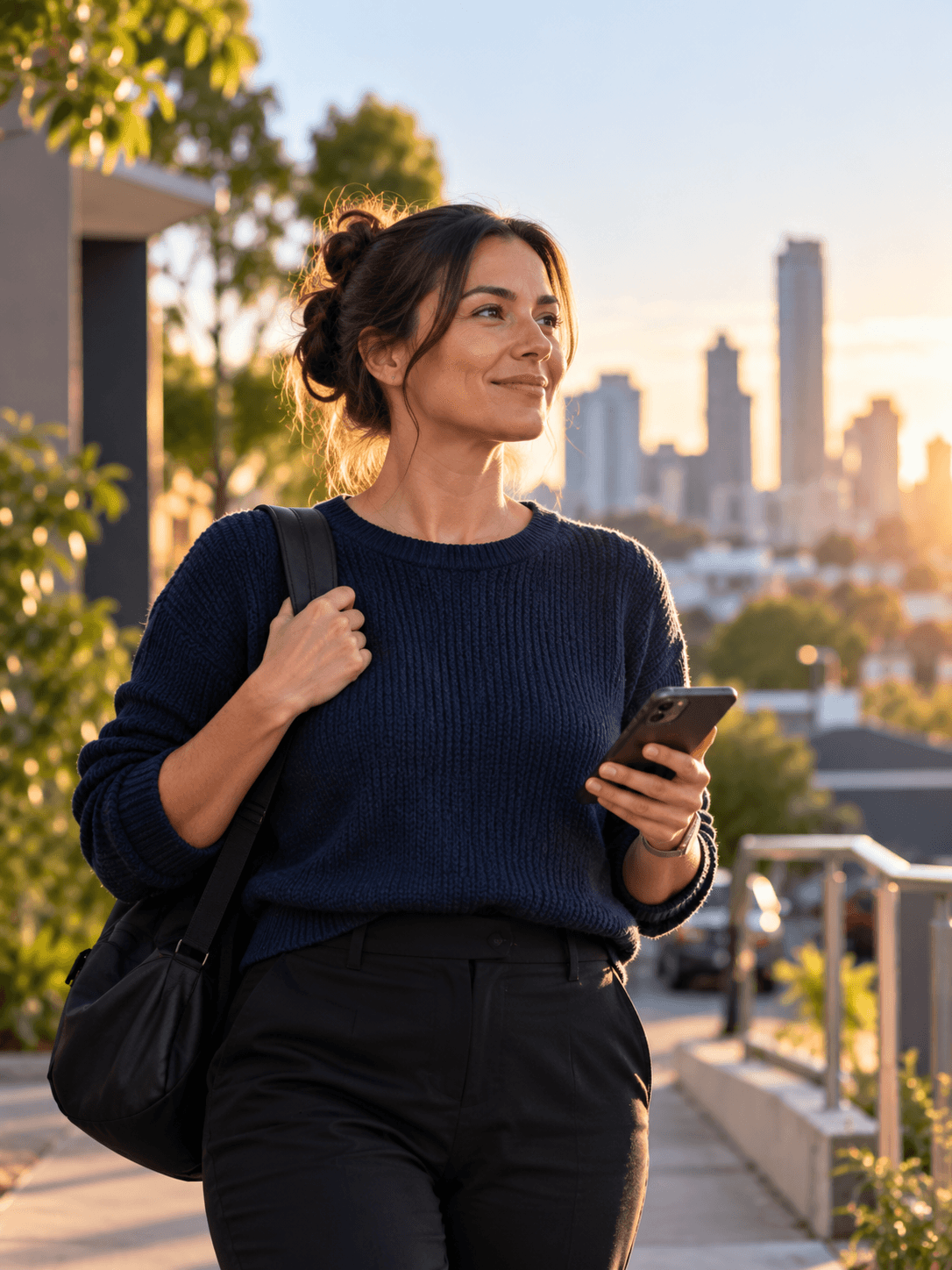 Support worker smiling while walking through the city