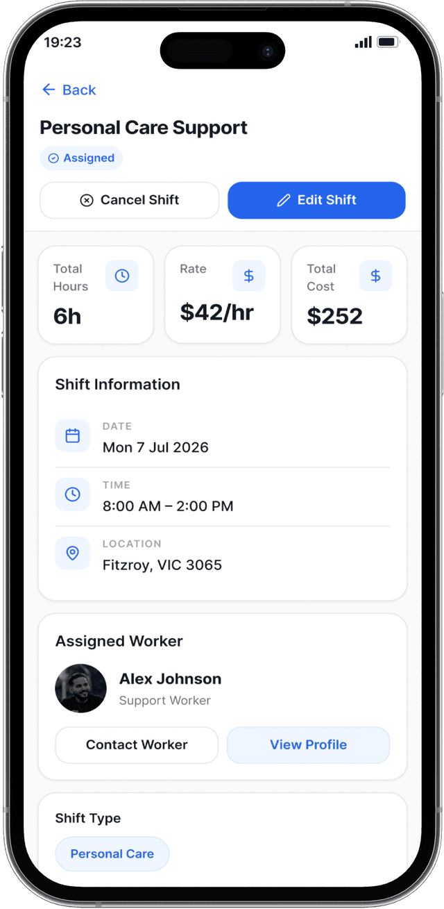 CarerMarket app showing a personal care support shift CarerMarket app showing a personal care support shift