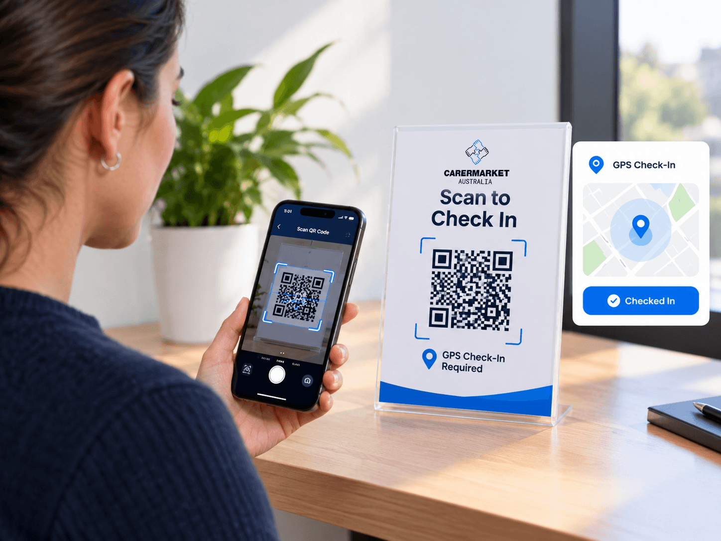 Support worker scanning a shift QR code to check in Support worker scanning a shift QR code to check in